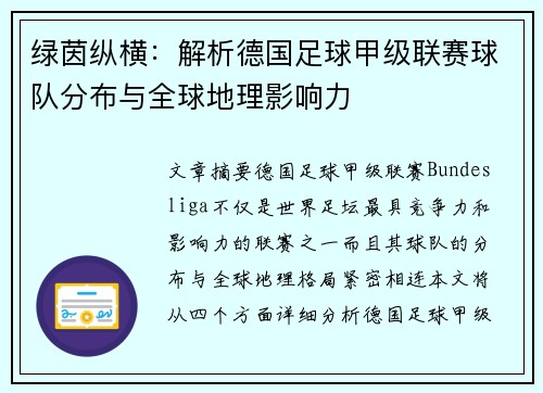 绿茵纵横：解析德国足球甲级联赛球队分布与全球地理影响力
